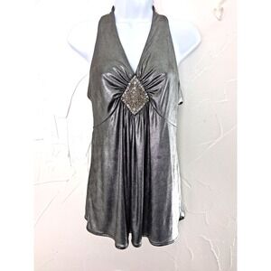 Vintage Y2K Baby Doll‎ Halter Top Size M Metallic Silver Mob Wife Fairy Glam